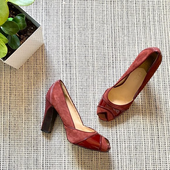 Cole Haan burgundy peep toe suede/patent pumps - Picture 6 of 6
